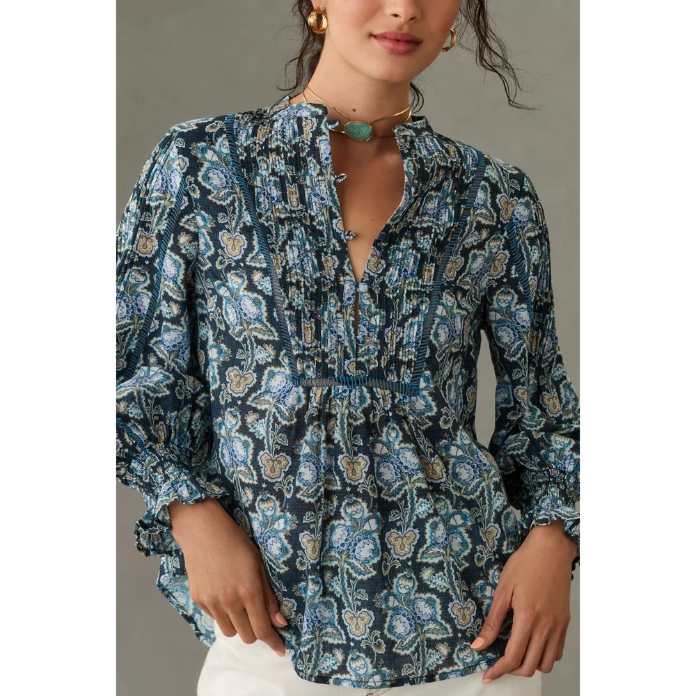 Anthropologie Henley Peasant Blouse Blue Floral Sz S Boho Cottage Prairie Cotton